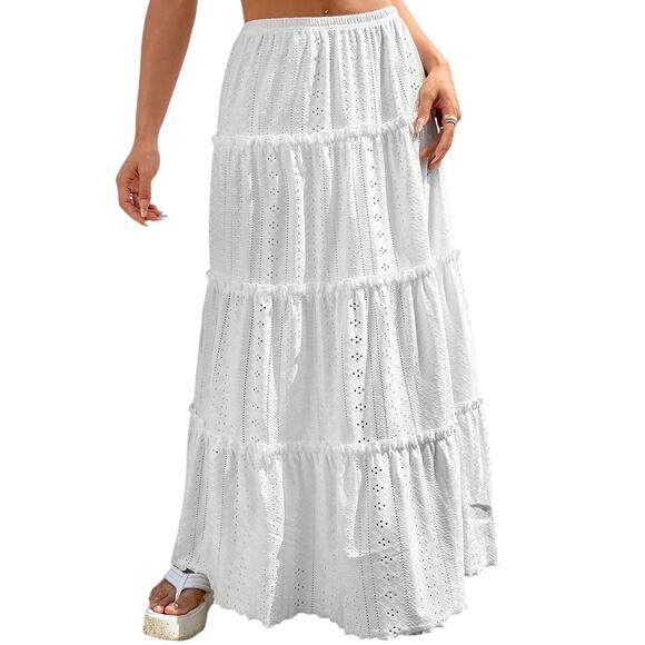 SHEIN Eyelet Lace White Ruffle Tiered Maxi Cottage Cottagecore Skirt - Sz Small - Picture 1 of 6
